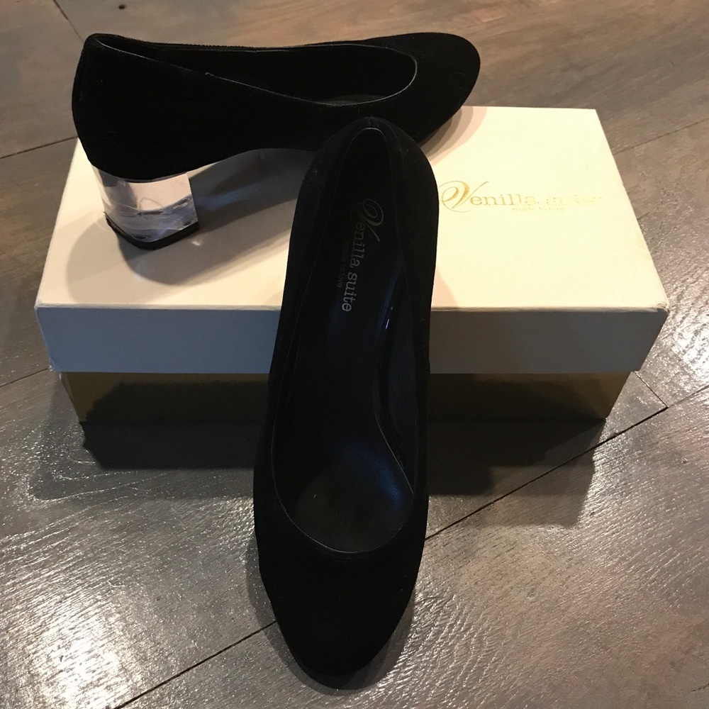 Venilla Suite Black Velvet Heels w/ Clear Crystal Heels